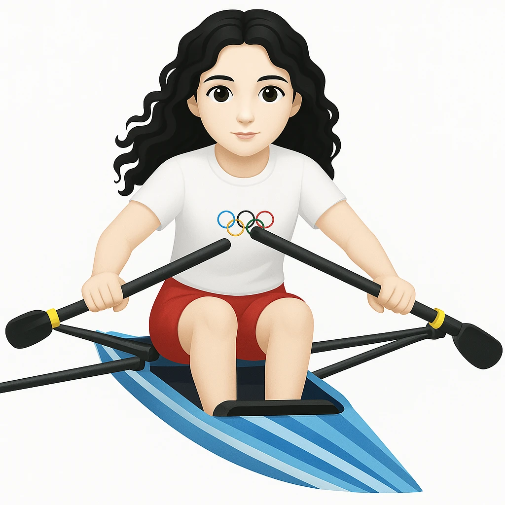 Kızın tenini daha beyaz yap, siyah uzun dalgalı saçlı, kırmızı şort ve beyaz kısa kollu tişörtle olimpik kürek sporu yapıyor emoji