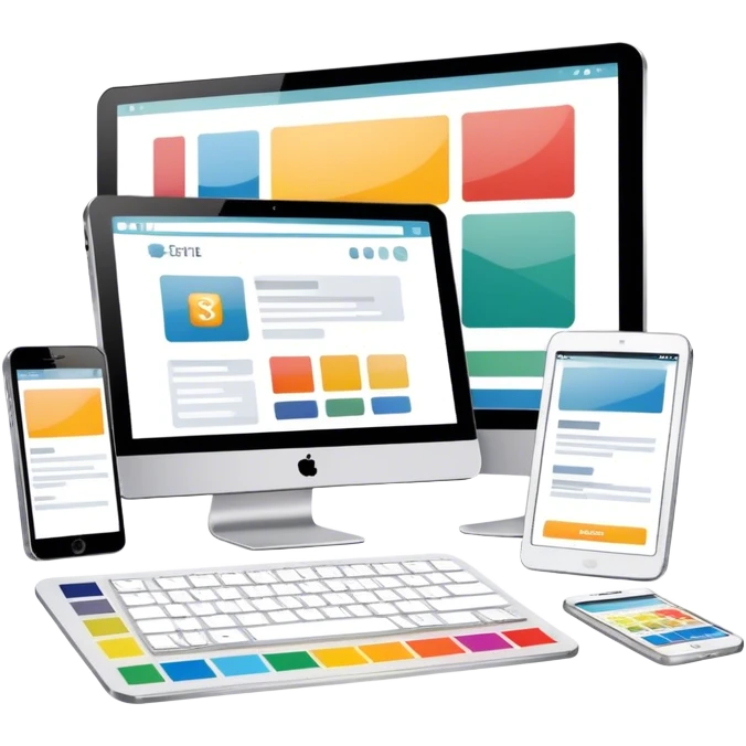 Modern icon for Web Design: a computer and smartphone or tablet screen displaying a website layout, HTML code, and design tools like a stilus and color palette. Transparent background. emoji