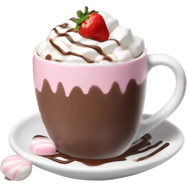 hot chocolate with mug and whip cream and chocolate drizzle and pale pink strawberry and marshmellows emoji