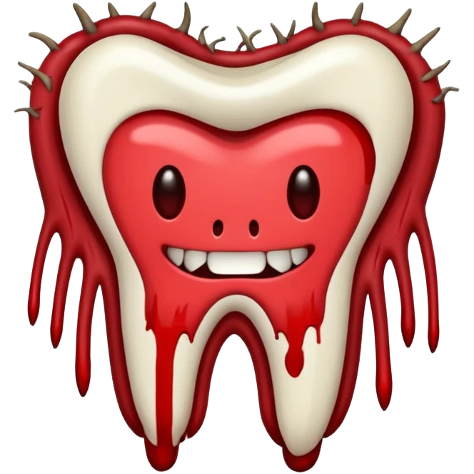 Minimalist emoji-style sticker of a pulled tooth with roots and a smear of blood at the base. Black and desaturated red colors. Flat, clean outline on white.
 emoji
