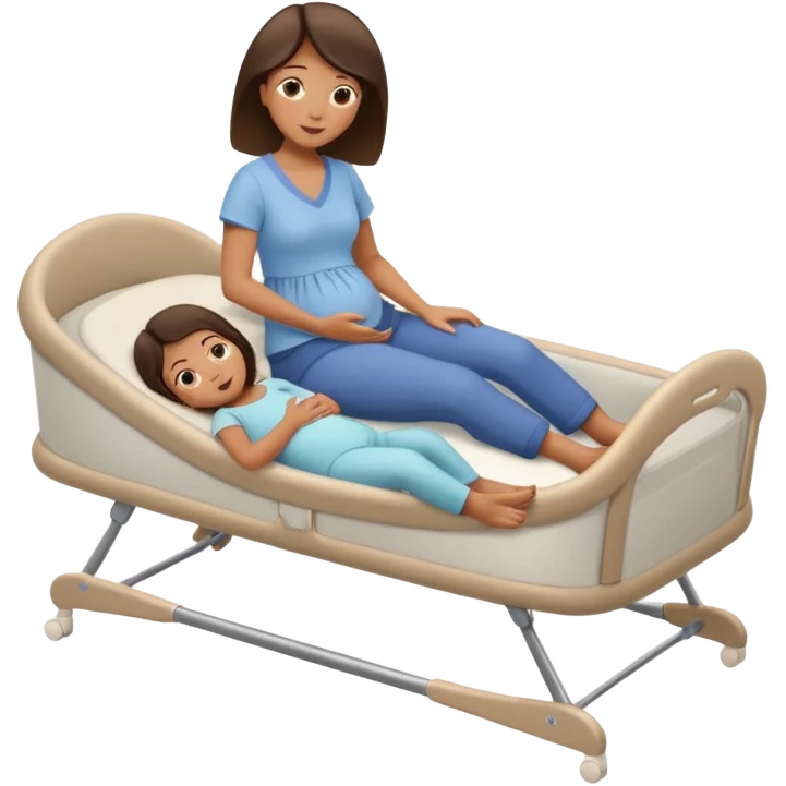 a mom laying down in a “C” position laying close to the she of the bed by her daughters bassinet while still trying to reach far back with her foot to touch her husband  emoji