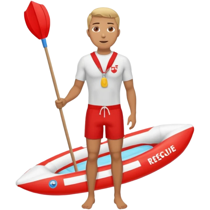 Male lifeguard – red shorts, whistle around neck, holding rescue float, full body emoji