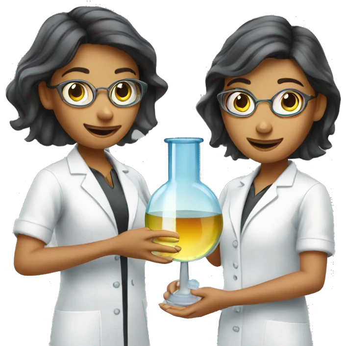  two scientists girls holding one clear glass chemistry emoji