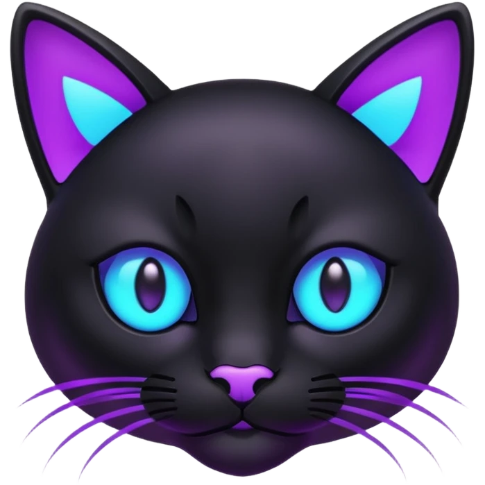 futuristic glowing black cat emoji, neon cyan eyes, purple #8B5CF6 highlights, tech minimal style, dark background emoji