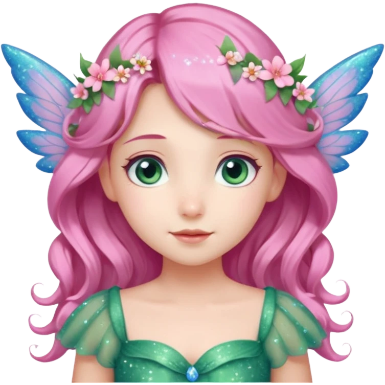 Una ragazza datata, occhi azzurri rosati dolci e aperti, vestito verde come la natura co  altri elementi e fiori rosa, deve avere le ali azzurrine,decorati con fiori e con glitter. O capelli di colore rosa chiaro con in acconciature tipica delle fate, capelli mossi e lunghi emoji
