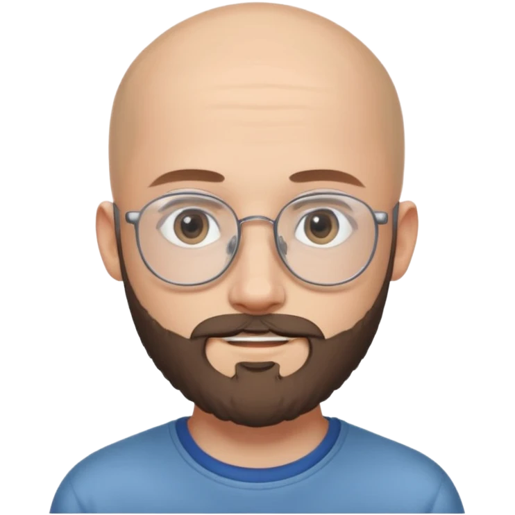 молодой парень 18 лет, лысый, с густой бородой и очень тонкими очками. У него серые глаза, и он выглядит как ребенок, несмотря на свой возраст. emoji