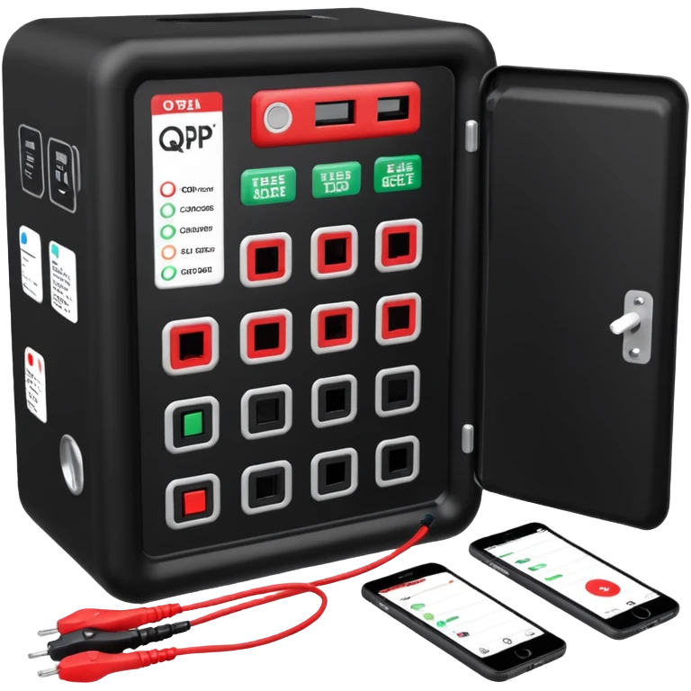 An open, black outdoor test case.Interior: control panel with colored test jacks, USB ports, and a power outlet. A red test probe is located next to it. On the left side of the case is a large roll of white, round test labels displaying QR codes.  emoji