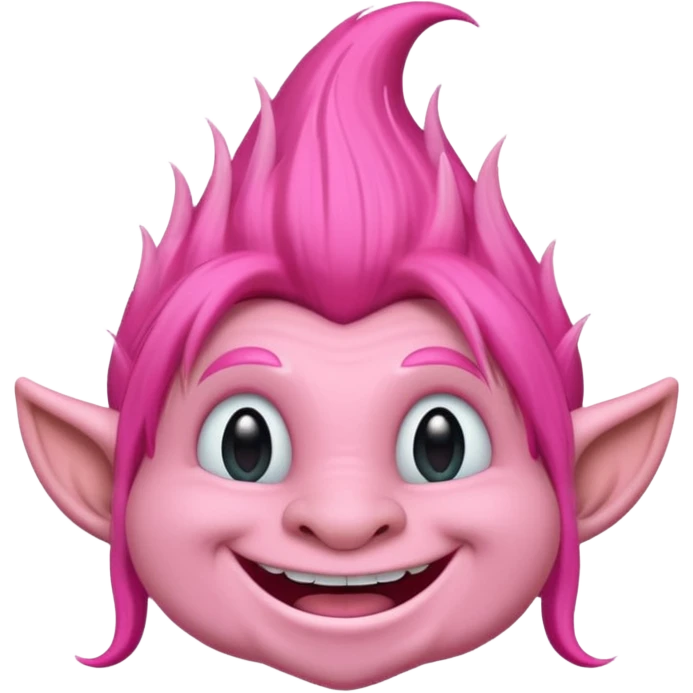 cute pink troll, long hair styled upwards, happy face emoji
