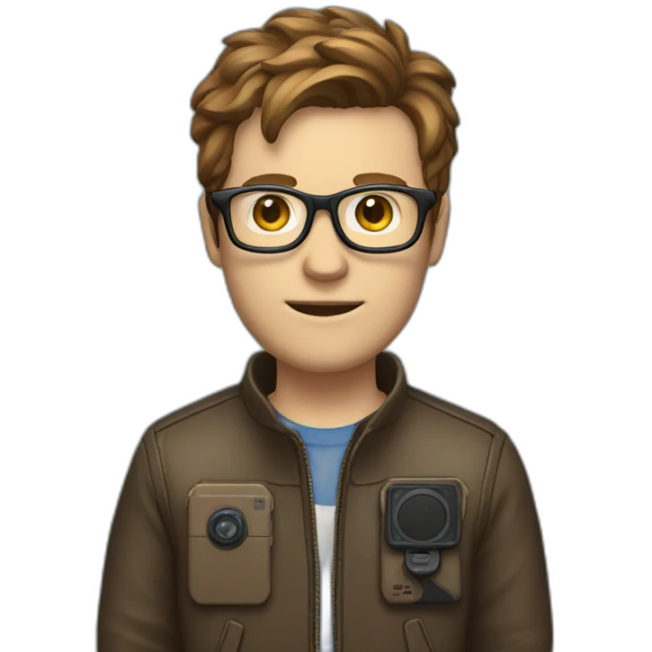 white male with brown hair holding a game controller, wearing glasses, wearing a jacket emoji