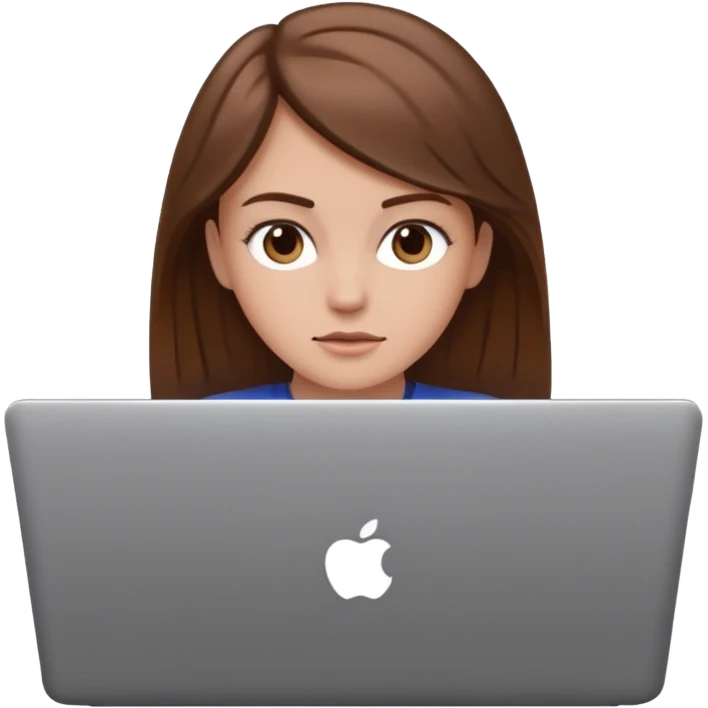Make an emoji of a white girl with brown hair behind a laptop screen with her mouth not showing emoji