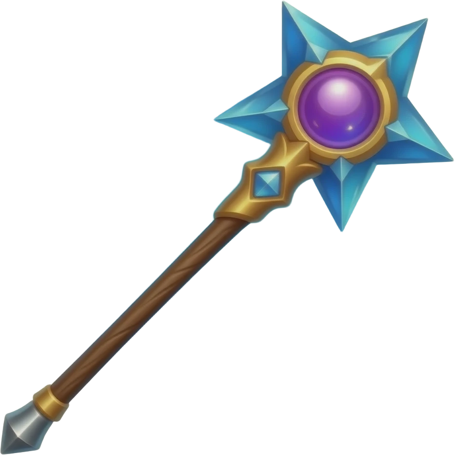 3D magic staff emoji, long wooden handle with metallic tip, blue crystal star-shaped head, glowing purple orb in center, fantasy design, polished materials, soft glow, clean shading, centered, blue gradient background, vibrant, high quality emoji