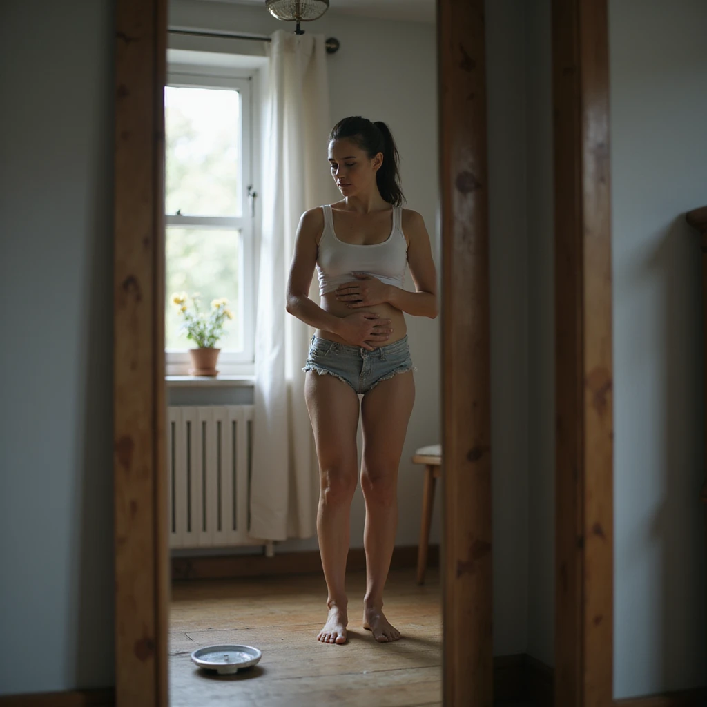 hyperrealistic 4K detailed image of a woman with hormonal imbalance, standing in front of mirror, clothes tight on abdomen, puzzled face, scale on floor, domestic environment emoji