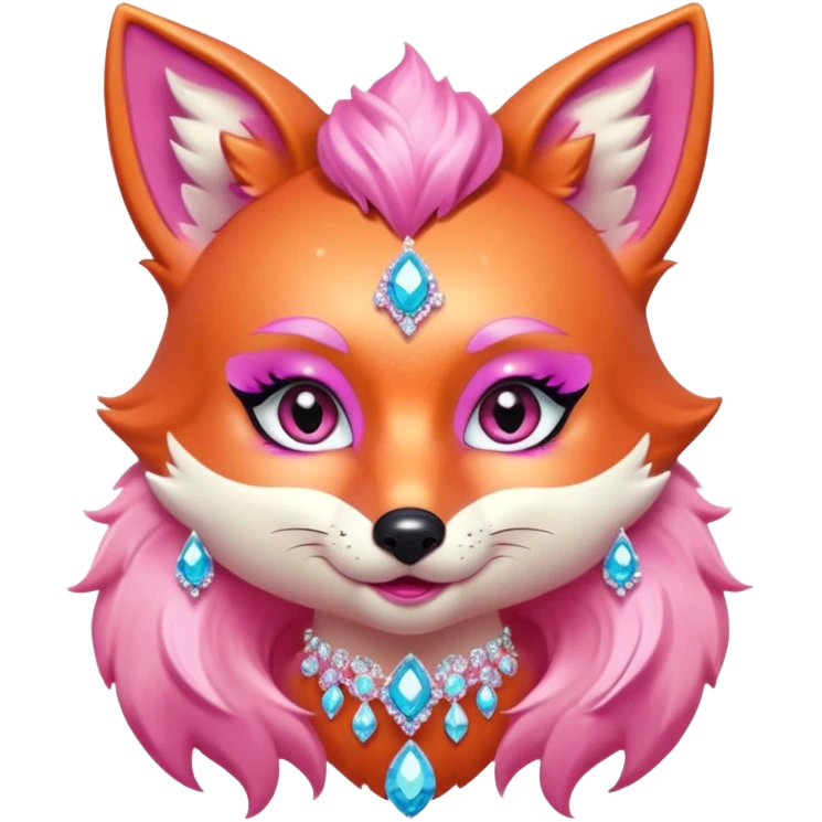 glamorous fox portrait, head and shoulders only, exaggerated pink makeup, bright eyeshadow, long eyelashes, shiny blush cheeks, sparkling face gems, glitter accents, elegant earrings, fantasy beauty style, cute 3D cartoon, mobile game icon style, clean background, no text, no watermark
 emoji