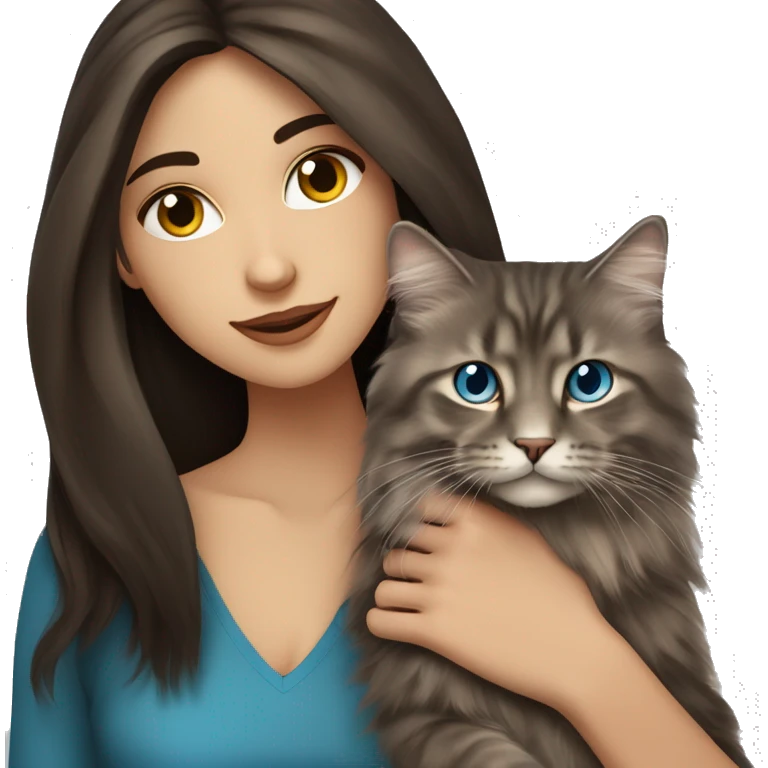 long straight haired blue eyed brunette woman holding norwegian forest cat with amber eyes emoji