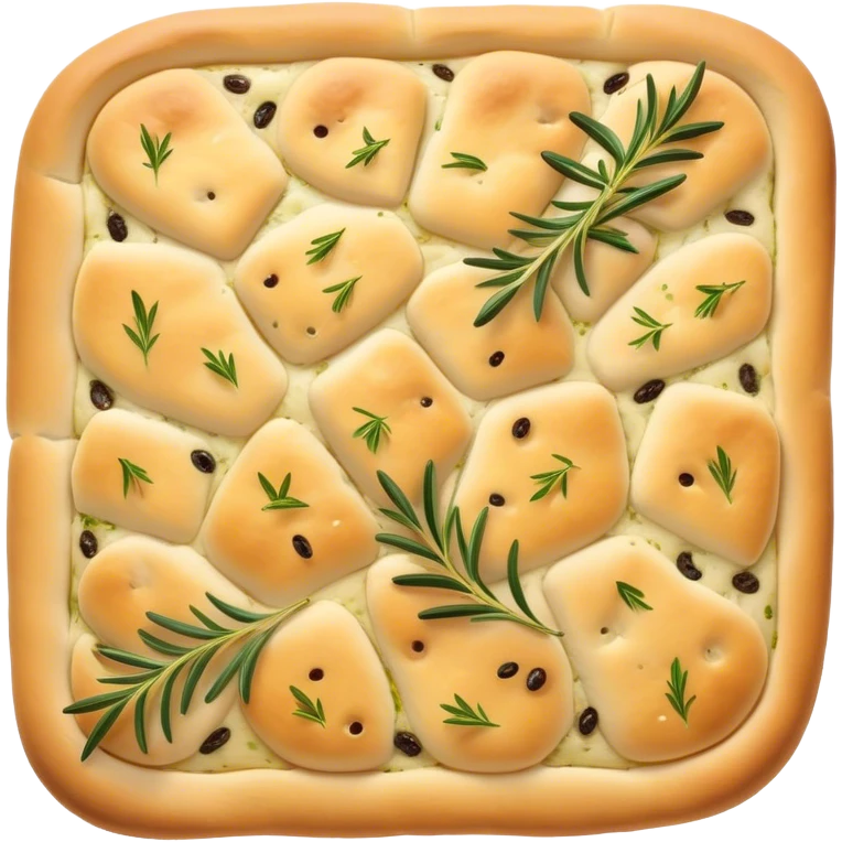 Focaccia Cinematic Realistic Focaccia Bread Dish Emoji, depicted as a golden, olive-oil brushed flatbread sprinkled with herbs, rendered with lifelike textures and warm, inviting lighting. emoji