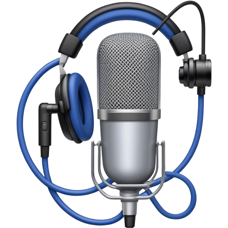 Create a sleek and professional emoji that represents voice acting and dubbing equipment. The design should feature a high-quality microphone, a sound mixer or audio interface, and headphones to symbolize the recording and technical process. Include elements like a soundproof booth or audio cables to reflect the studio environment. Use a modern, clean design with colors like silver, black, and dark blue to represent the professional side of voice acting. The background should be transparent. emoji