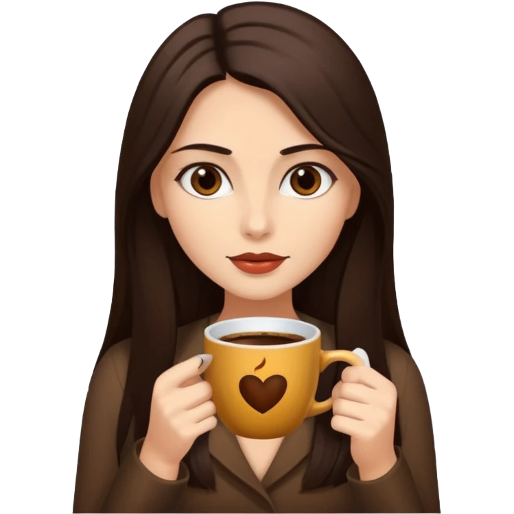 Straight Dark Brown long haired sexy woman with dark brown eyes with cup of coffee emoji