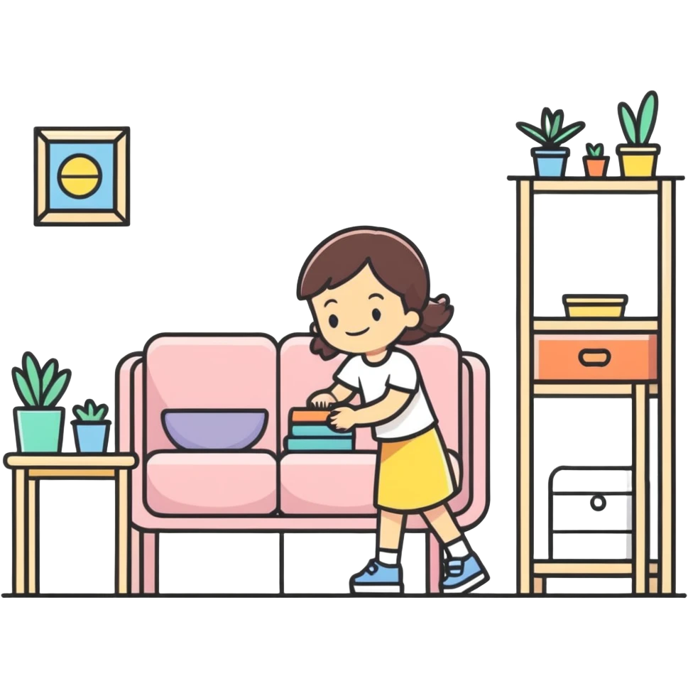 smiling girl arranging furniture in doll house emoji