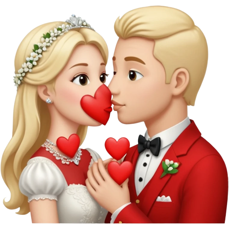 Девушка целуется с мужчиной. Они в свадебных нарядах. На фоне сердечки и кольца  emoji