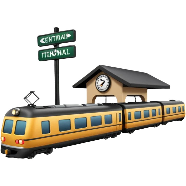 A 3D cartoon train terminal with tracks, platform signs, and an arriving train, Memoji-style realism. emoji