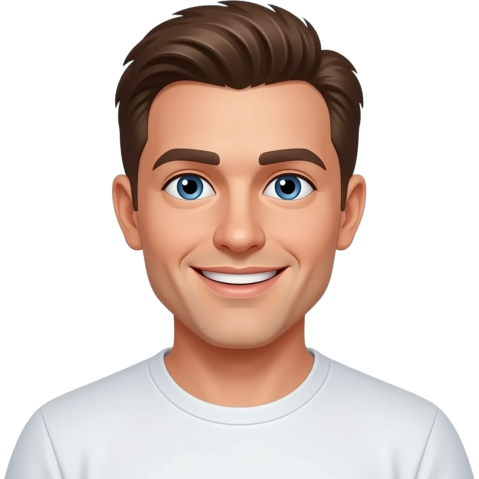 30 year old man, clean shaven, smiling with blue eyes and brown hair in t-shirt emoji