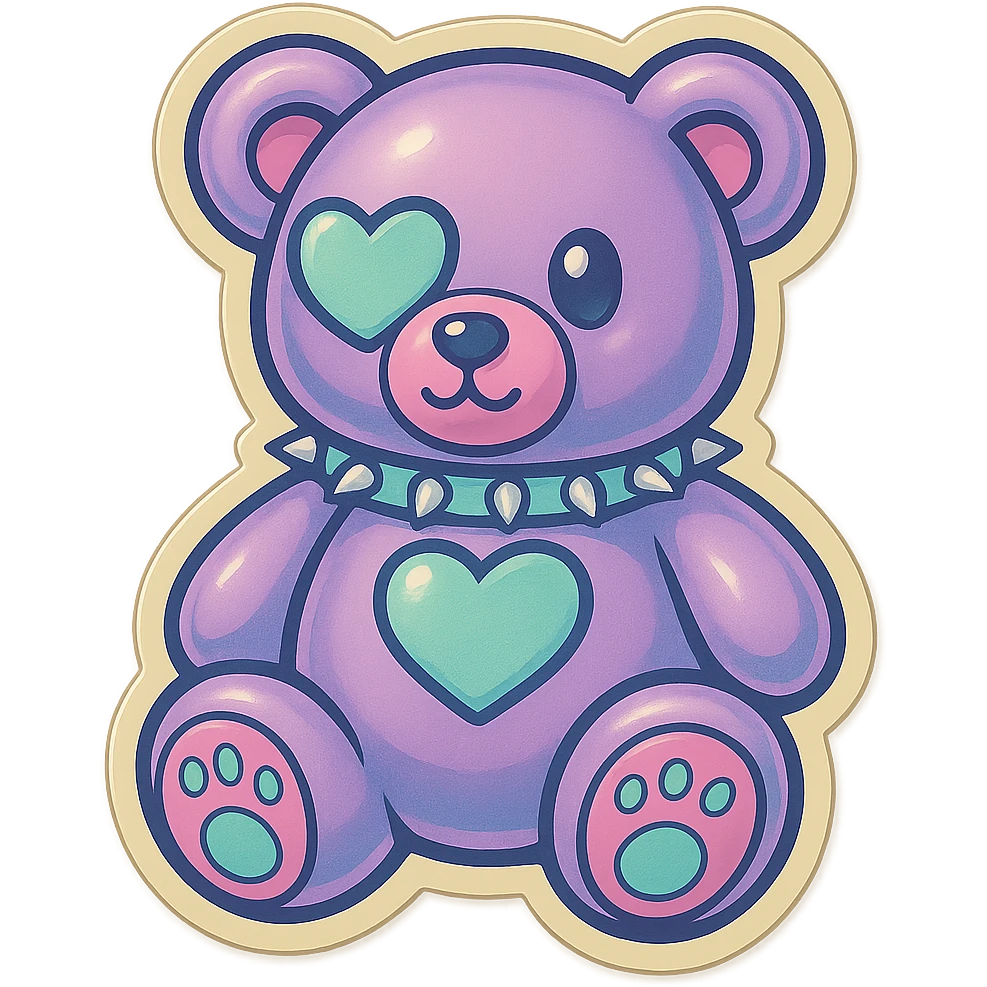 Change to pastel goth colors, keep gothic teddy bear with heart-shaped eye patch, retro stickers style, no background. emoji