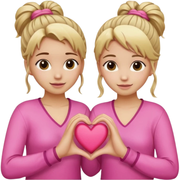 Two best friends making a heart shape with their hands together. One of them has blond hair which is shower and the other has brown hair tied up. They are both wearing pink outfits. emoji