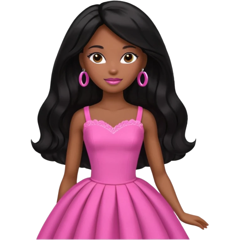 Black barbie, long black  hair, pink dress emoji
