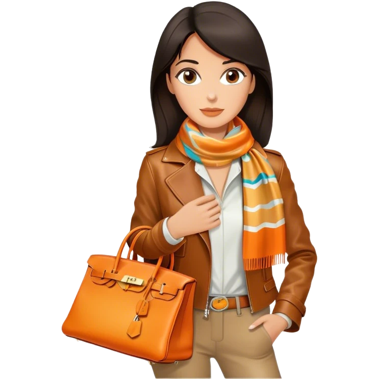 Elegant and tan woman wearing a leather Hermes jacket and a multicolored silk scarf around her neck. She has an orange Hermes Birkin Bag. I want the image to be close up, starting from the waist up.  emoji
