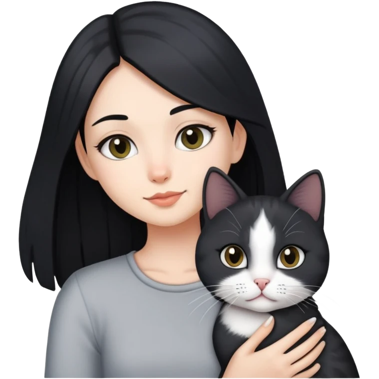 Girl with long black hair holding white and black and grey shorthair cat emoji