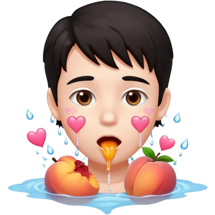 Cute boy, light pink eyes, grown out dark hair, eating a peach, pink hearts floating , water dripping from mouth emoji