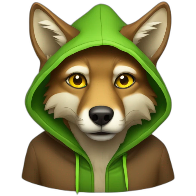 brown coyote with yellow eyes and a green hood that sadly emoji
