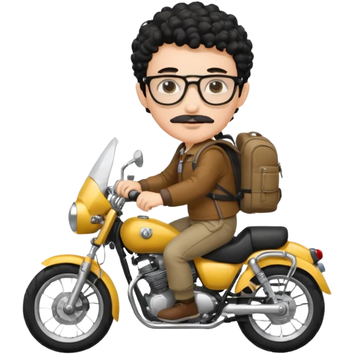 A young boy DEVELOPER WITH A backpack, black curly short hair, wearing glasses, a thin mustache, his skin is white, riding a motorcycle emoji
