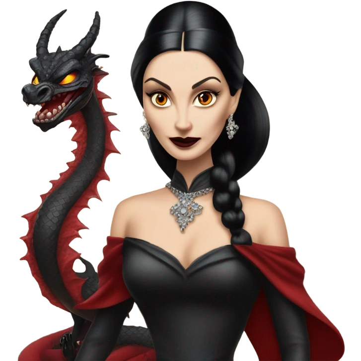 painting Lavish Victorian evening gown, young Morticia Addams Jedi wearing a mini tiara, riding on the back of a very large blood red evil-looking fire-spewing horned dragon emoji