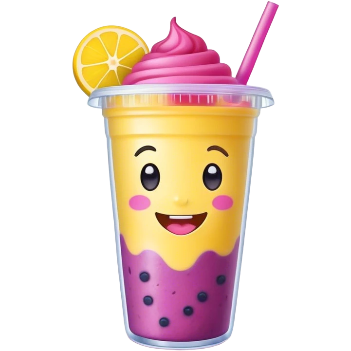 Cute Kawaii Smoothie Cup, filled with blended fruity goodness, a smiling face with excited eyes, bright colorful layers of pink, yellow, and purple, topped with a straw and tiny fruit slices! emoji
