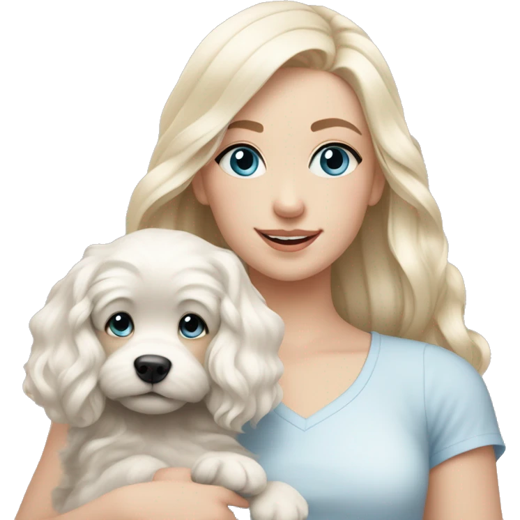 pale blonde girl with long platinum white wavy hair with blue eyes and wearing a light pink shirt holding a black and white haired puppy emoji