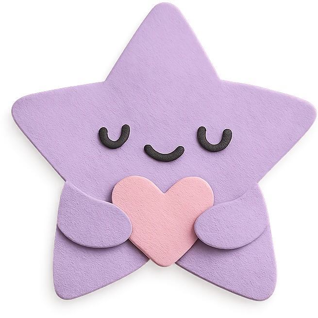 cute purple star holding tiny pastel heart, no limbs, full body, soft pastel colors, paper craft style emoji