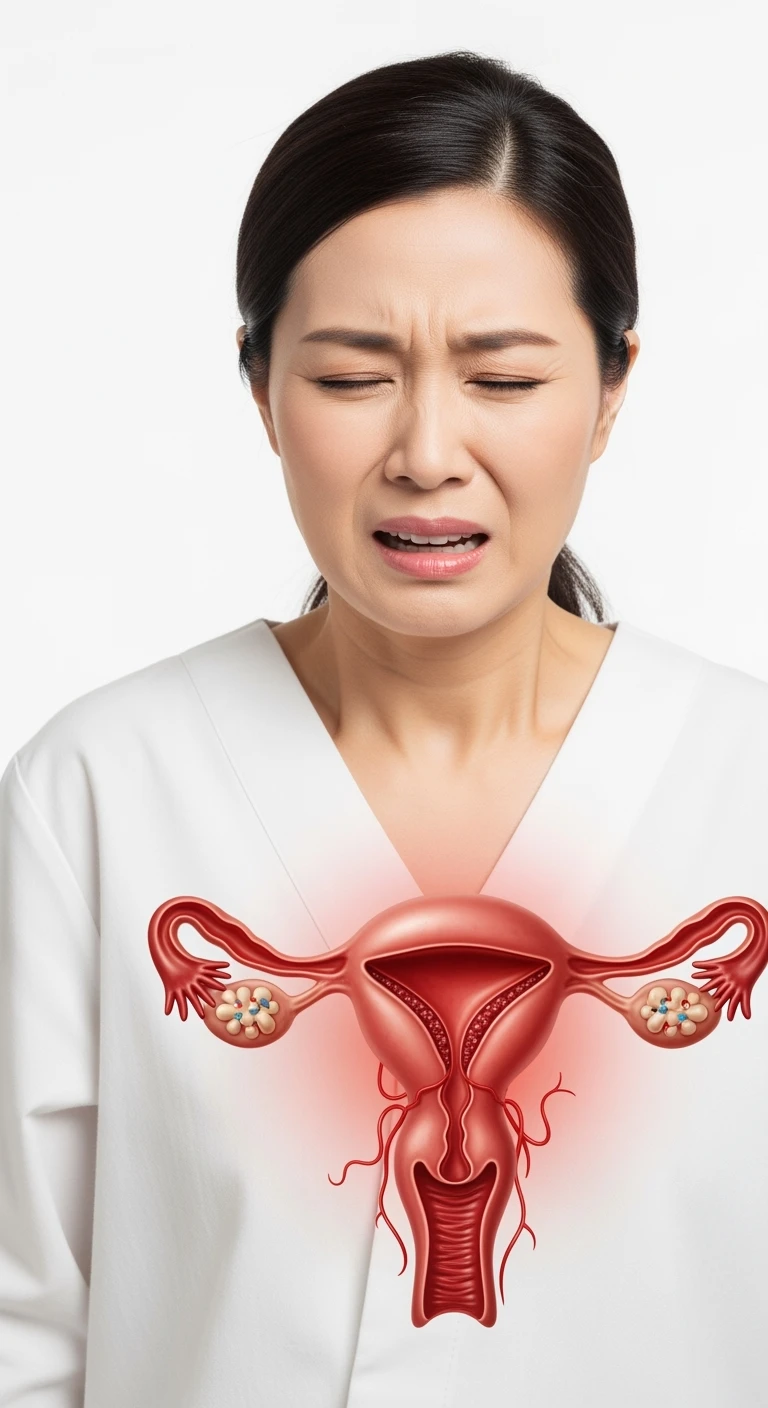 donna con utero umano realistico in evidenza dolorante, espressione di dolore in volto, sfondo bianco, iperrealistica 4k emoji