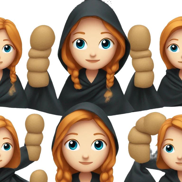 ginger long straight haired girl with ocean blue eyes  black blanket over head emoji