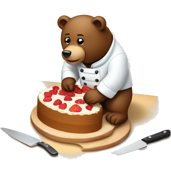 a bear chef slicing a cake on a cutting board, the cake cut into multiple slices already emoji
