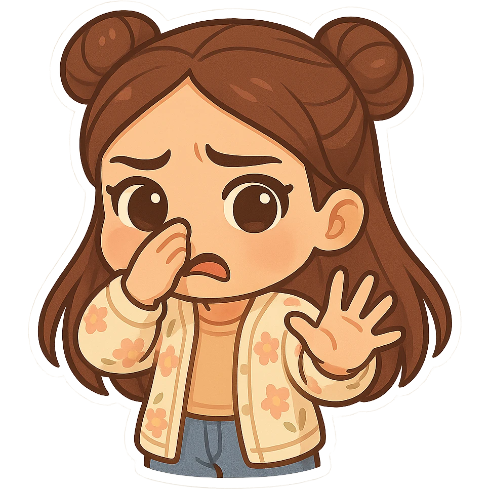 Create a chibi sticker of the girl from the reference image. She has brown straight hair in double buns, brown eyes, wearing a pastel floral cardigan and jeans. She is holding her nose with one hand and waving the other hand in front of her face, looking very disgusted. The sticker should have a white outline and transparent background, 512x512px. emoji