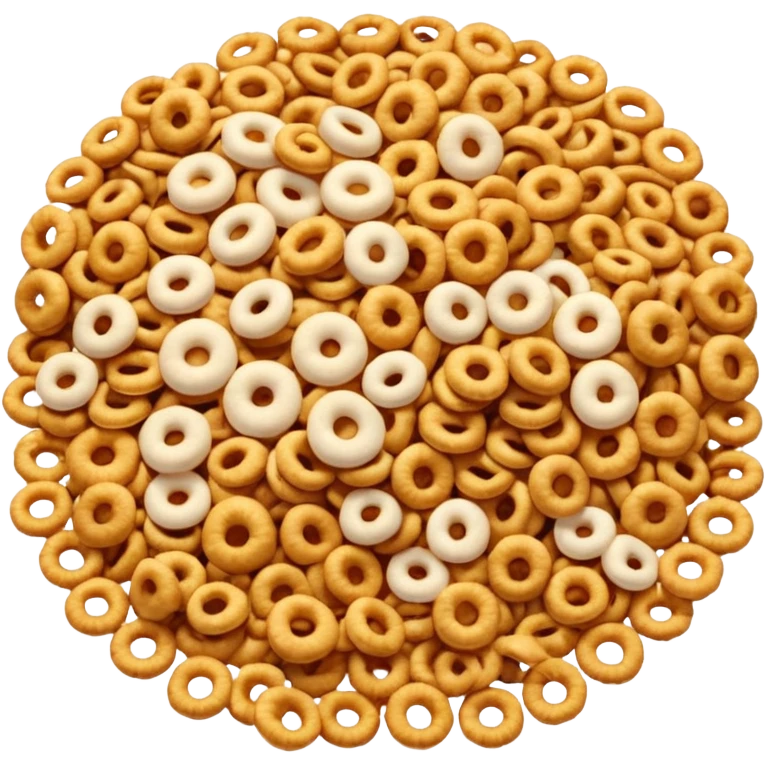 shallow pile of puffed breakfast cereal grains with varied shapes (rings, pillows, or flakes), golden brown tones, crisp and lightly textured, soft lighting, subtle shadows, emoji scale emoji