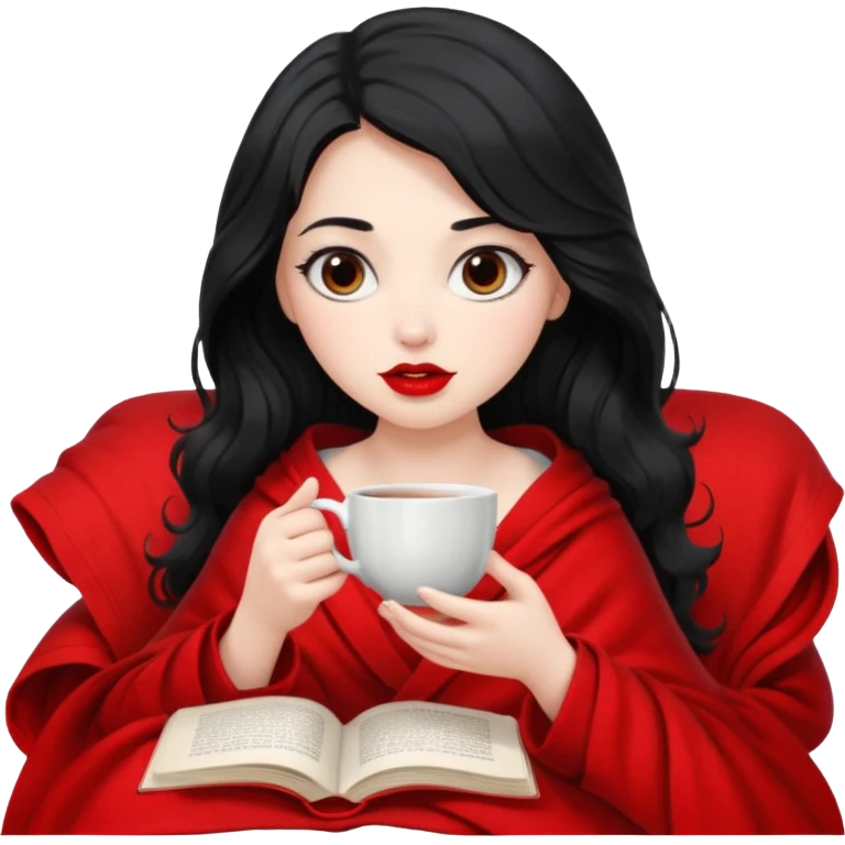 Long wavy Black haired, white skinned, dark big eyed girl with red lipstick wrapped in a blanket, sipping tea and reading a book emoji