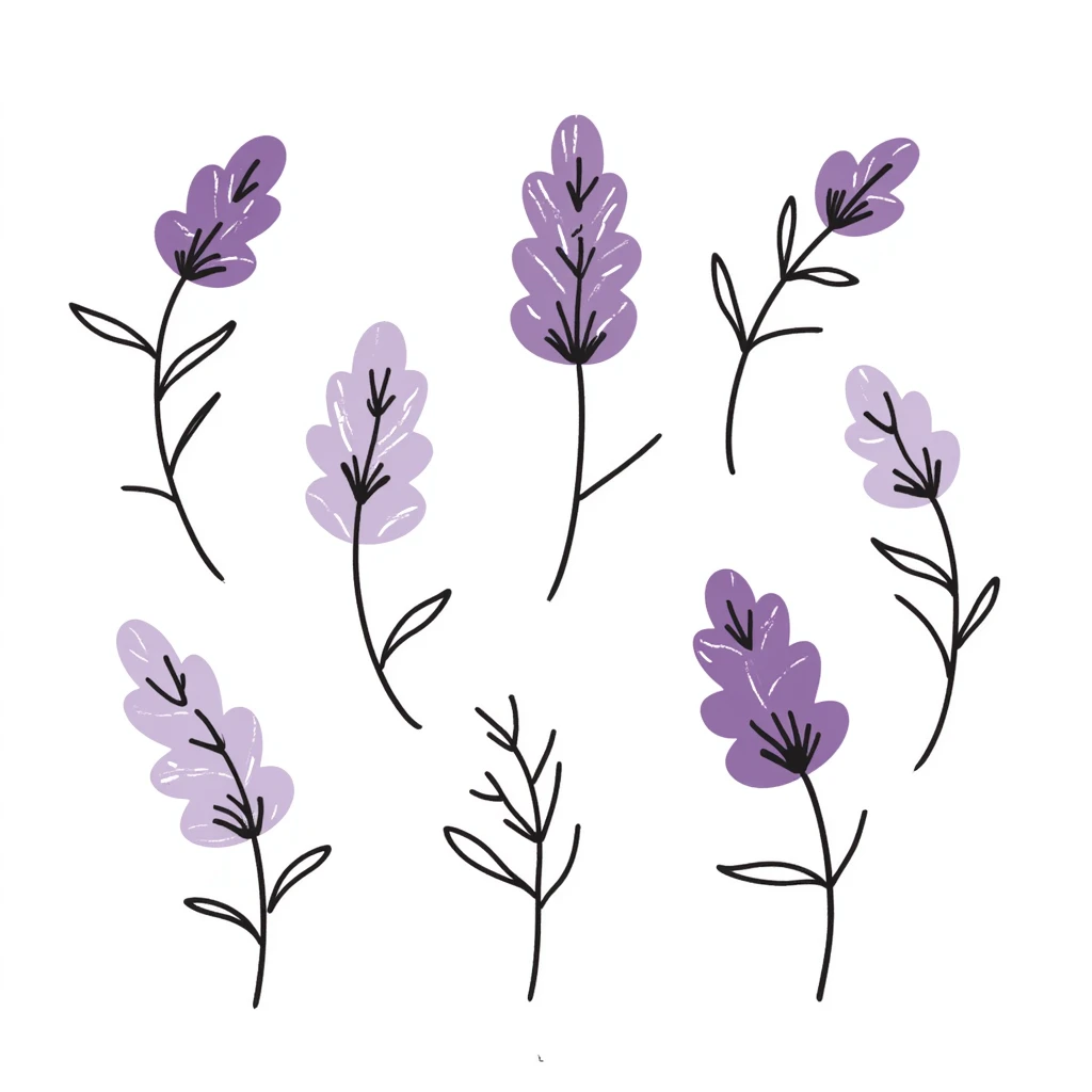 Lilac flowers with branches and leaves in pastel colors (dd9fb0, ffc6d3, a3bfc9, c4bee2, f1b091), hand-drawn doodle style emoji