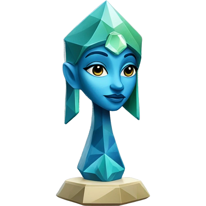 Sculpture oracle priestess with a geometric faceted design with disney features. Oracle of delphi is sparkling and standing upright on a base with angular and flower features. The vibrant blues neutrals and greens highlights the sharp edges and planes.  emoji