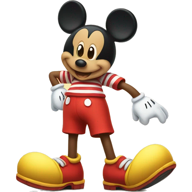 Mickey Mouse wearing red shorts and big yellow shoes, smiling happily. emoji