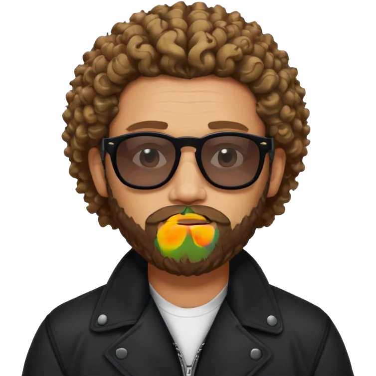 biker gang with black sunglass and rugged and bulky guy bearded curly hair black jacket one gay emoji