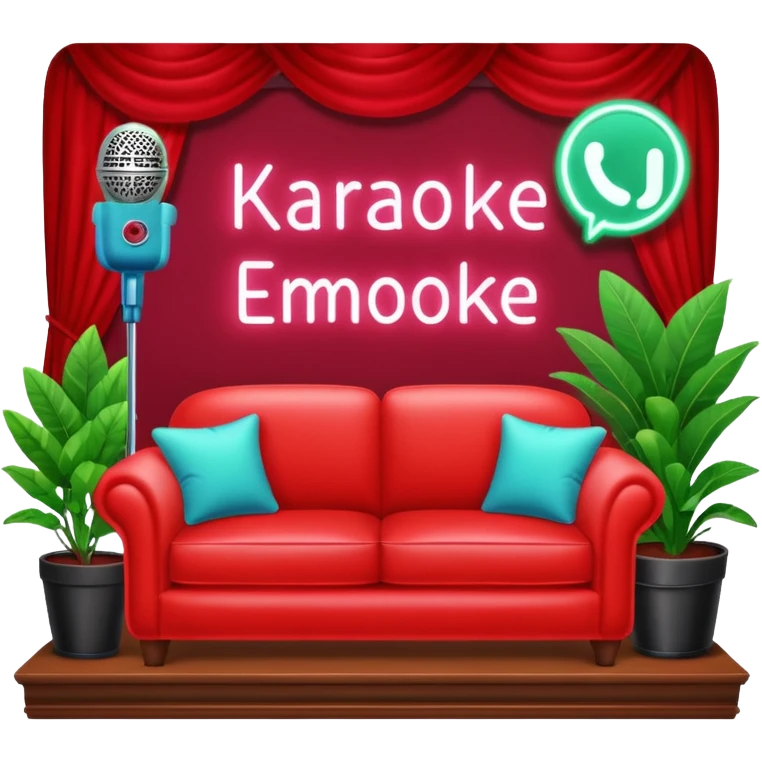 front view of a red velvet couch with a mic in front, houseplants in the background, and a neon sign directly above the couch that says "karaoke" emoji