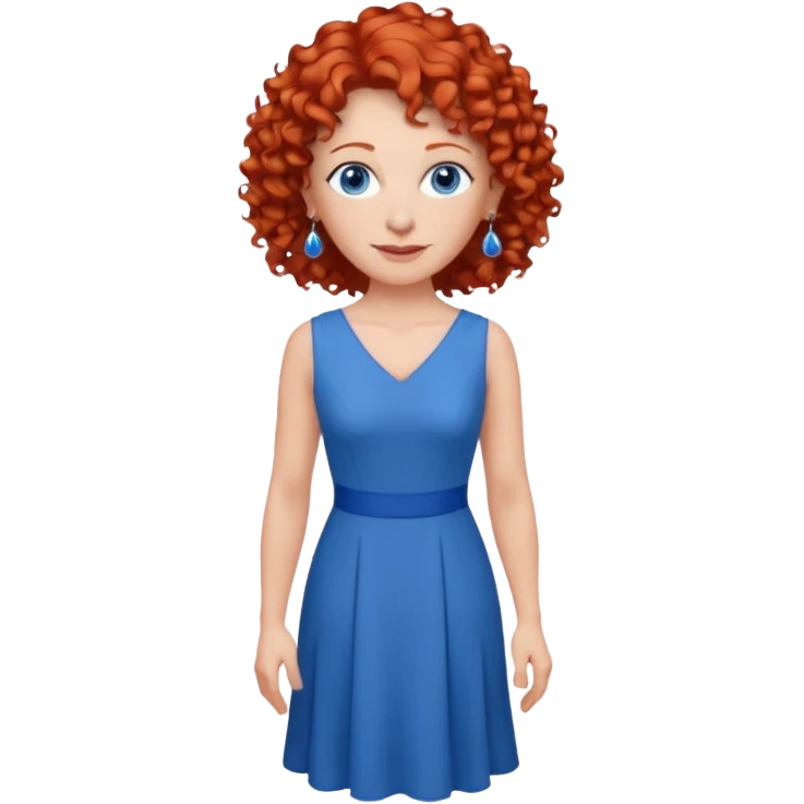una profesora mayor simpática con el pelo rojo rizado, ojos azules, vestido azul y pendientes azules hablando altura completa emoji