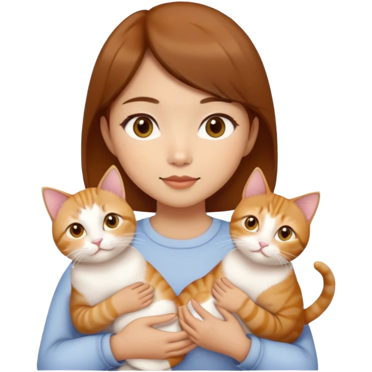 Asian girl, brown hair, brown eyes skin tone almond holding three cats one ginger, one yellow white one British short hair cream colour emoji